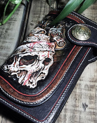 Handmade leather Biker wallet trucker wallet chain wallet long skull wallets leather men Black Tooled wallet