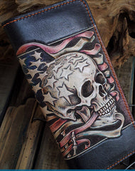 Handmade leather Biker trucker long American skull wallet leather  men Black Carved Tooled wallet