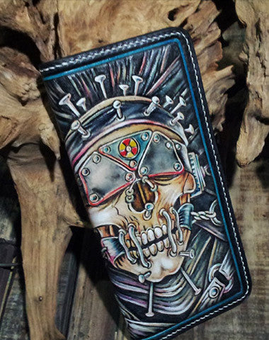 Handmade leather Biker trucker long Megadeth skull wallet leather men Black Carved Tooled wallet - EverHandmade