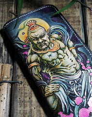 Handmade leather Biker trucker long The-arhat wallet leather men Black Carved Tooled wallet - EverHandmade