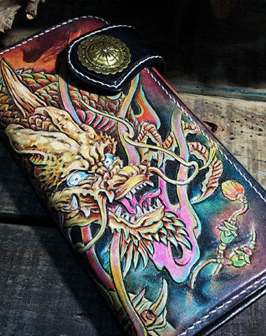 Handmade leather Biker trucker long Chinese dragon wallet leather  men Black Carved Tooled wallet - EverHandmade