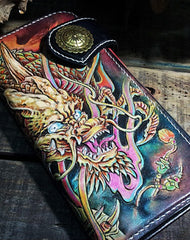 Handmade leather Biker trucker long Chinese dragon wallet leather  men Black Carved Tooled wallet - EverHandmade