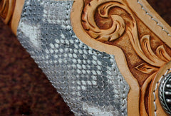 Handmade leather beige biker wallet floral carved chian bifold Long wallet purse for men