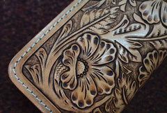Handmade leather biker beige wallet floral carved chian bifold Long wallet purse for men