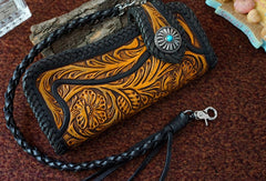 Handmade tan black floral men biker wallet chain leather Long wallet purse clutch for men