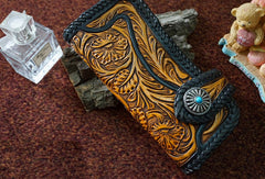 Handmade tan black floral men biker wallet chain leather Long wallet purse clutch for men
