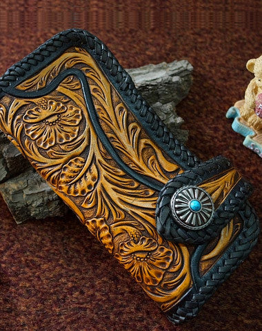 Handmade tan black floral men biker wallet chain leather Long wallet purse clutch for men