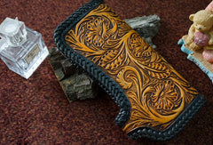 Handmade tan black floral men biker wallet chain leather Long wallet purse clutch for men