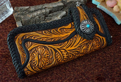 Handmade tan black floral men biker wallet chain leather Long wallet purse clutch for men