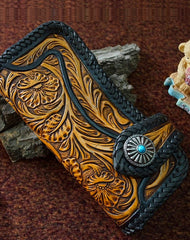 Handmade tan black floral men biker wallet chain leather Long wallet purse clutch for men