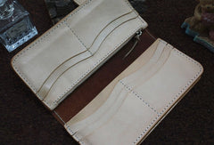 Handmade leather beige biker wallet floral carved chian bifold Long wallet purse for men - EverHandmade