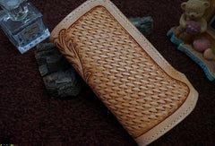 Handmade leather beige biker wallet floral carved chian bifold Long wallet purse for men - EverHandmade