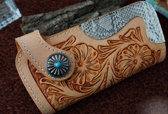 Handmade leather beige biker wallet floral carved chian bifold Long wallet purse for men - EverHandmade