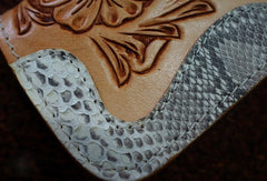 Handmade leather beige biker wallet floral carved chian bifold Long wallet purse for men - EverHandmade