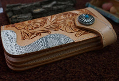 Handmade leather beige biker wallet floral carved chian bifold Long wallet purse for men - EverHandmade