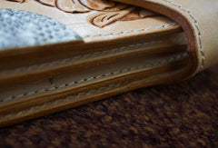 Handmade leather beige biker wallet floral carved chian bifold Long wallet purse for men