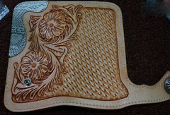 Handmade leather beige biker wallet floral carved chian bifold Long wallet purse for men - EverHandmade