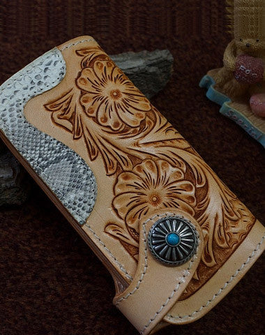 Handmade leather beige biker wallet floral carved chian bifold Long wallet purse for men