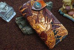 Handmade black color leather prajna carved biker wallet chain Long wallet clutch for men