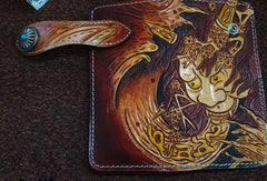 Handmade black color leather prajna carved biker wallet chain Long wallet clutch for men