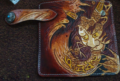 Handmade black color leather prajna carved biker wallet chain Long wallet clutch for men