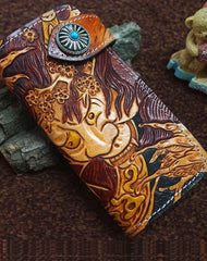 Handmade black color leather prajna carved biker wallet chain Long wallet clutch for men