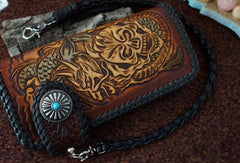 Handmade tan black leather Skull dragon carved biker wallet chain Long wallet for men