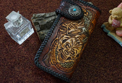 Handmade tan black leather Skull dragon carved biker wallet chain Long wallet for men