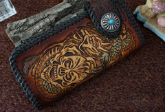 Handmade tan black leather Skull dragon carved biker wallet chain Long wallet for men