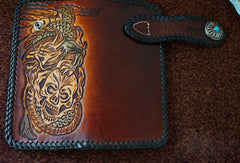Handmade tan black leather Skull dragon carved biker wallet chain Long wallet for men