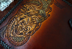 Handmade tan black leather Skull dragon carved biker wallet chain Long wallet for men