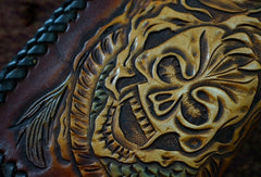 Handmade tan black leather Skull dragon carved biker wallet chain Long wallet for men