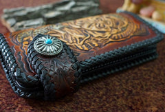 Handmade tan black leather Skull dragon carved biker wallet chain Long wallet for men