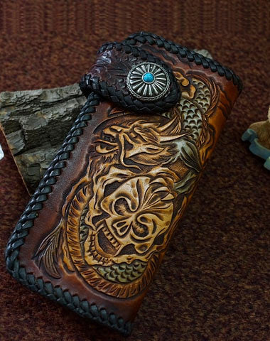 Handmade tan black leather Skull dragon carved biker wallet chain Long wallet for men