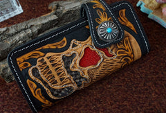 Handmade black tan leather punk skull carved biker wallet chain Long wallet  for men