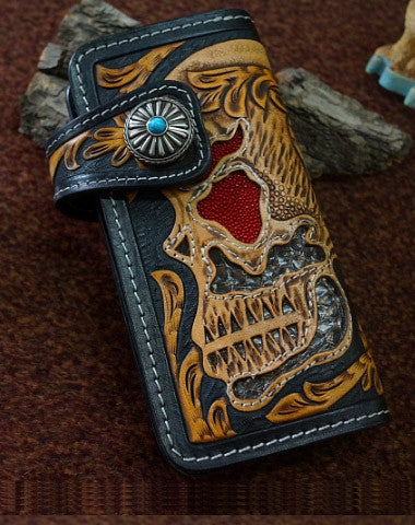 Handmade black tan leather punk skull carved biker wallet chain Long wallet  for men - EverHandmade