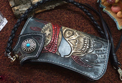 Handmade black leather punk skull carved biker chain wallet Long wallet clutch for men - EverHandmade