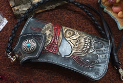 Handmade black leather punk skull carved biker chain wallet Long wallet clutch for men