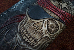 Handmade black leather punk skull carved biker chain wallet Long wallet clutch for men - EverHandmade
