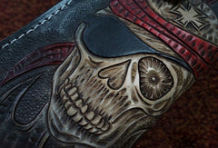 Handmade black leather punk skull carved biker chain wallet Long wallet clutch for men