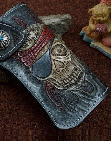 Handmade black leather punk skull carved biker chain wallet Long wallet clutch for men