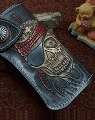 Handmade black leather punk skull carved biker chain wallet Long wallet clutch for men - EverHandmade