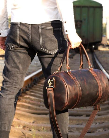 Genuine Leather Mens Bucket Bag Cool Weekender Bag Travel Bag Duffle Bags Overnight Bag Holdall Bag for men