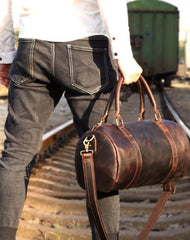 Genuine Leather Mens Bucket Bag Cool Weekender Bag Travel Bag Duffle Bags Overnight Bag Holdall Bag for men