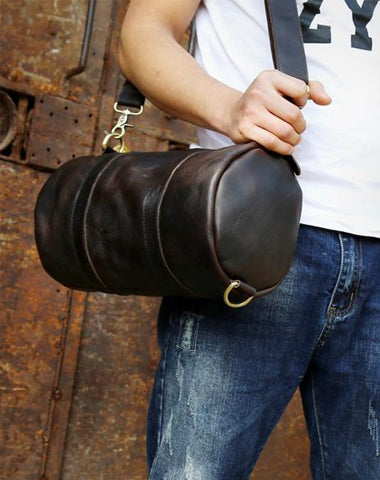 Genuine Leather Mens Barrel Bag Cool Weekender Bag Travel Bag
