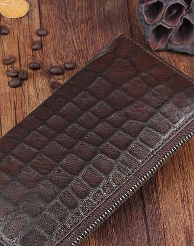 Genuine Leather Mens Cool Long Leather Wallet Zipper Clutch Wallet for Men