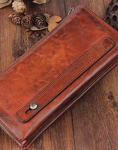 Handmade vintage long wallet leather mens zipper clutch wallet for men