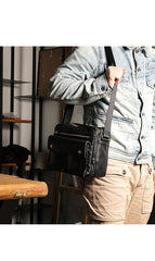 Black Genuine Leather Mens Cool Small Side Bag Messenger Bag Black Courier Bag for Men