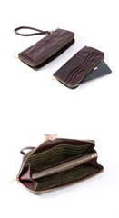 Cool Leather Mens Clutch Simple Brown Wallet Zipper Clutch Wristlet Phone Purse for Men