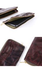 Cool Leather Mens Clutch Simple Brown Wallet Zipper Clutch Wristlet Phone Purse for Men